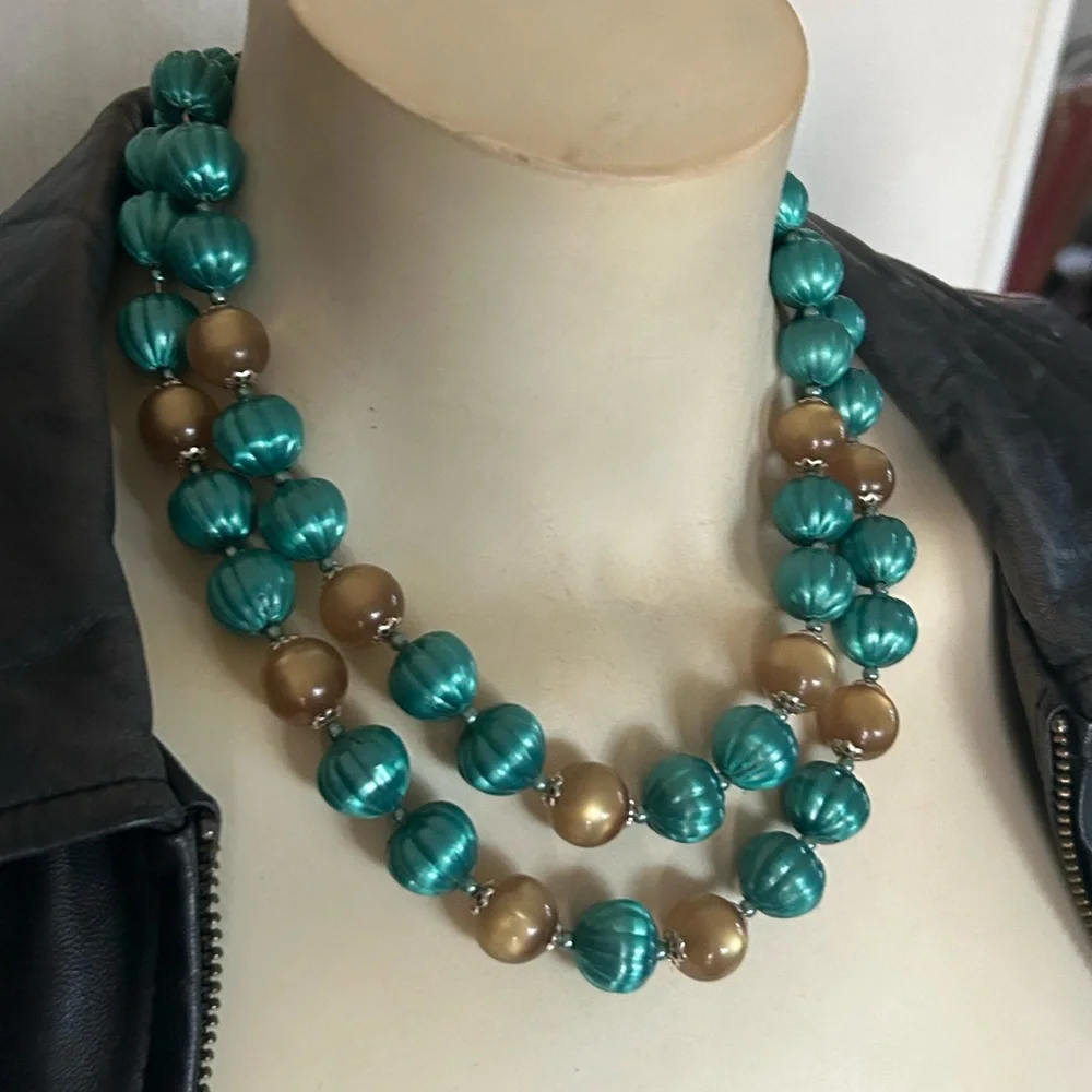 Vintage Double-Strand Green & Gold Bead Necklace